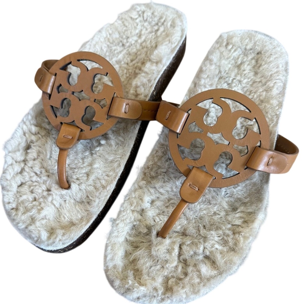 Tory Burch Miller Cloud Shearling Thong Sandals Tan and White Size 9